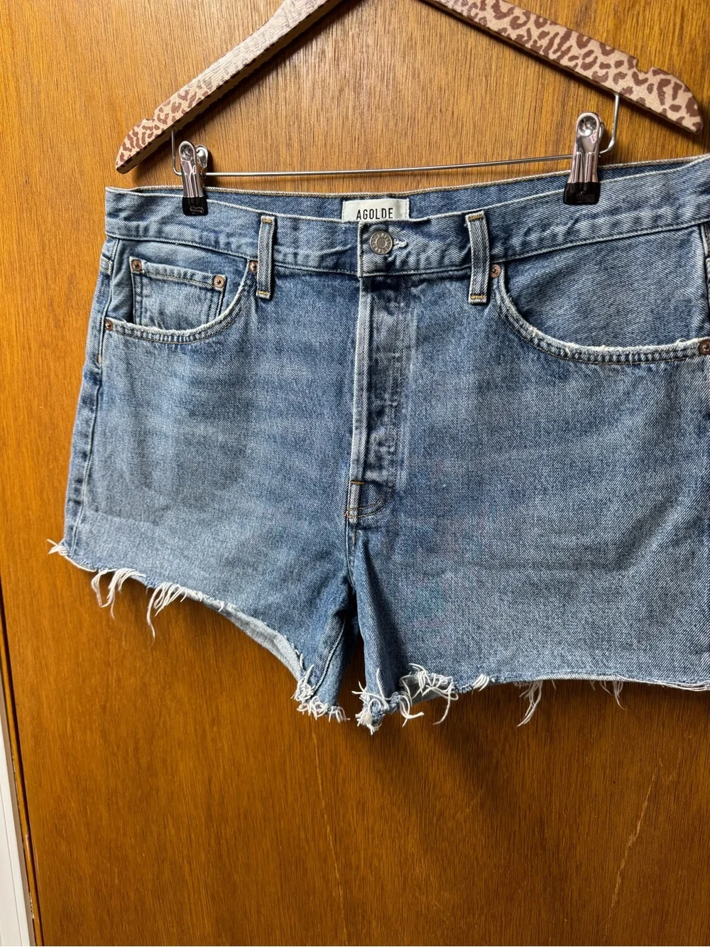AGOLDE Parker Long Cutoff Denim Jeans Jorts Skywave Medium Blue Wash 32 $148
